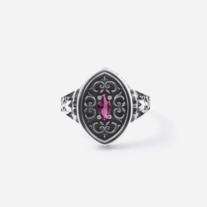ANELLO CHEVALIER MARQUISE DECORATO BONNIE IN ARGENTO CON PIETRA ROSSA